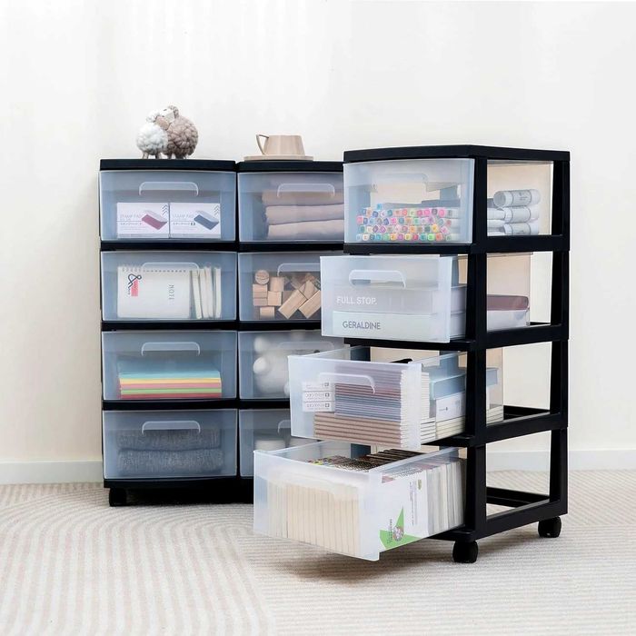 Dulap pe roti cu sertare transparenter, 4 x 20 L, Transparent