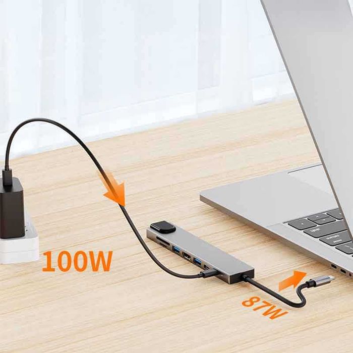 USB-C HUB адаптер 8 в 1 – HDMI, 2×USB, 2×USB-C, RJ45, SD/TF