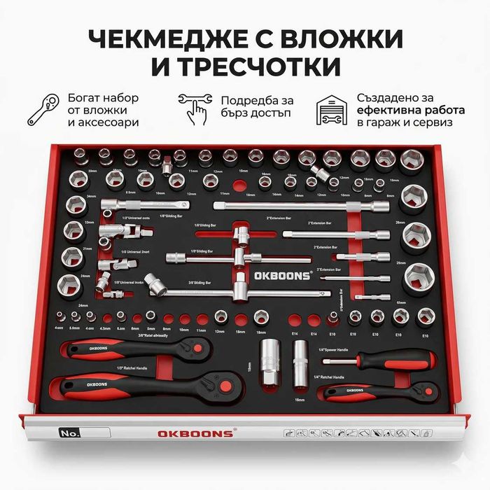 НЕМСКИ Шкаф С Инструменти OKBOONS – 193 Части 7 Чекмеджета + ЛЕД ФЕНЕР