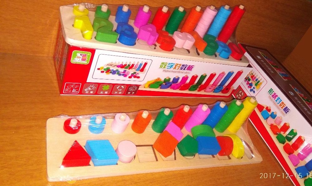 Дървена цветна математика с броеница, числа и шайби