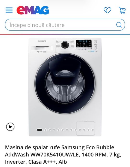 Masina de spalat rufe Samsung Eco Bubble AddWash WW70K5410UW/LE, 1400 RPM, 7 kg, Inverter, Clasa A+++, Alb