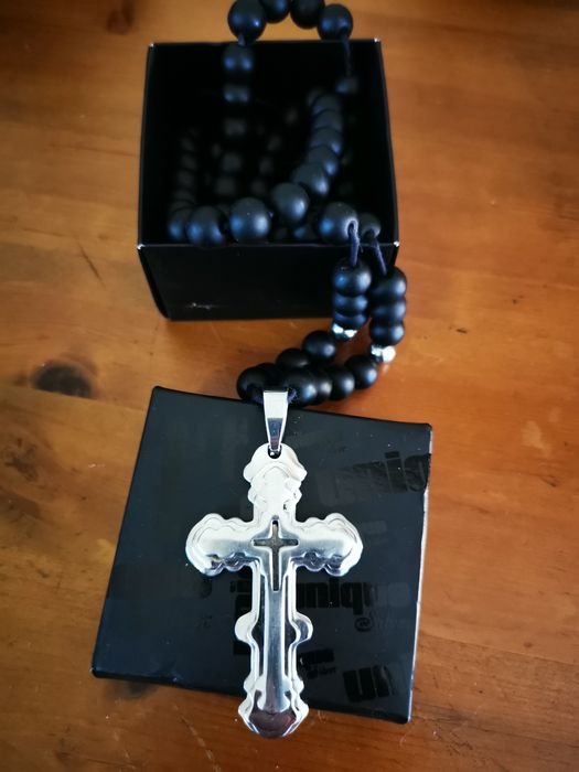 Мъжки Черен Гердан с Кръст. Бижута за мъже - Комплект колие от естеств