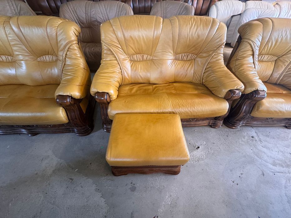 Canapea piele, structura stejar masiv set 3,2,1