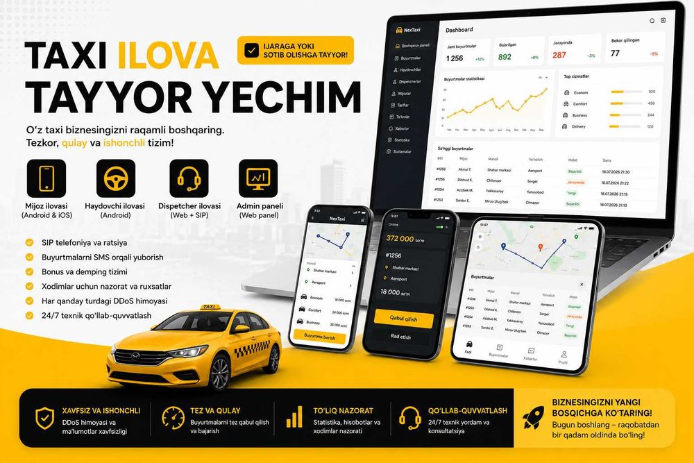 Taxi programma, taxi ilova, taxi biznes uchun arendaga yoki sotiladi