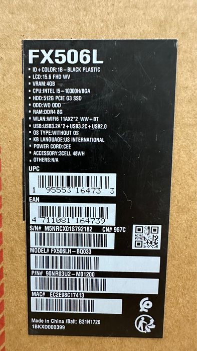 Nou! Laptop ASUS Gaming TUF F15 FX506L