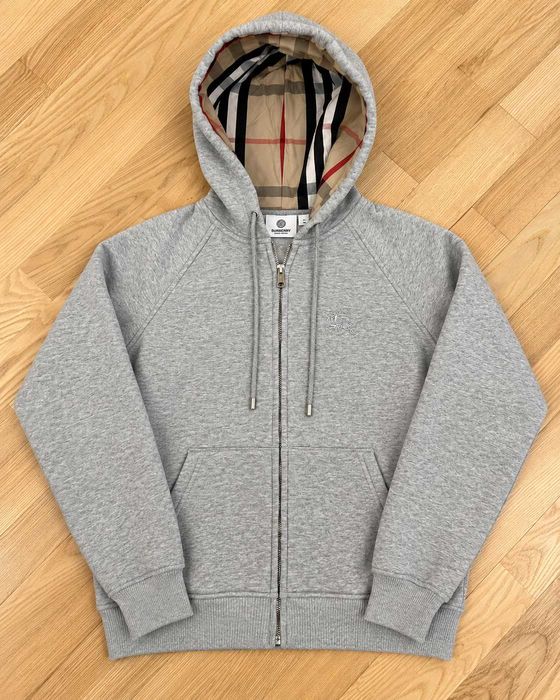 Hanorac Burberry bărbați, gri melanj, cu fermoar și glugă căptușită în carouri Burberry Check, mărimea M