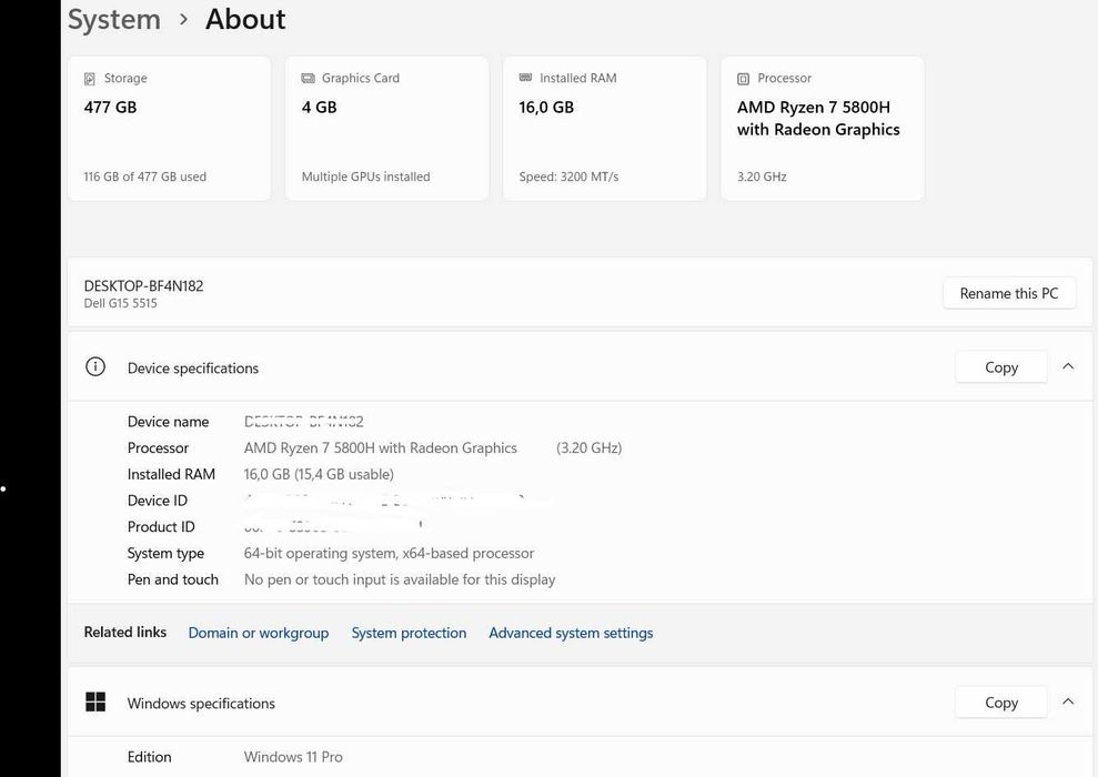 Laptop Gaming Dell Win11 Ryzen 7 5800H 16GB 512GB SSD RTX 3050 Ti 4GB