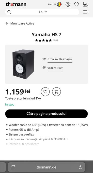Monitor studio Yamaha HS7 doar una