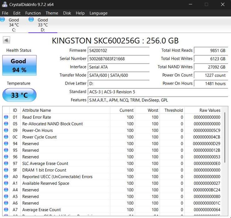 SSD Kingston KC600 256GB SATA III – 94% Health – Testat Complet – 100% Funcțional  Descriere