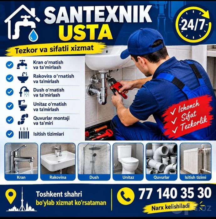 TOSHKENT Boʻylab Santexnik xizmati 24/7
