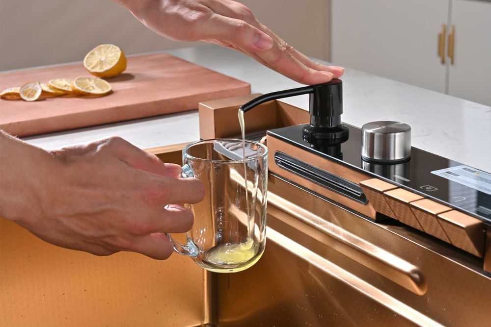 Розово злато - Мултифункционална кухненска мивка с двоен водопад