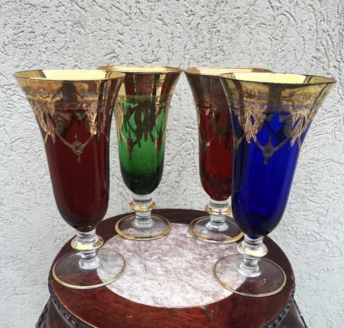 Arta italiana-set pahare pt sampanie-cristal premium-nuante vibrante-decoruri cu aur-Italia