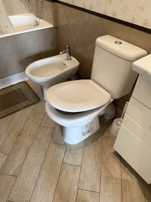 Унитаз, биде, раковина со шкафом, зеркало.