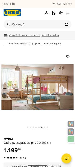 Pat supraetajat  2 locuri lemn de Brad, 90*200, 700 lei