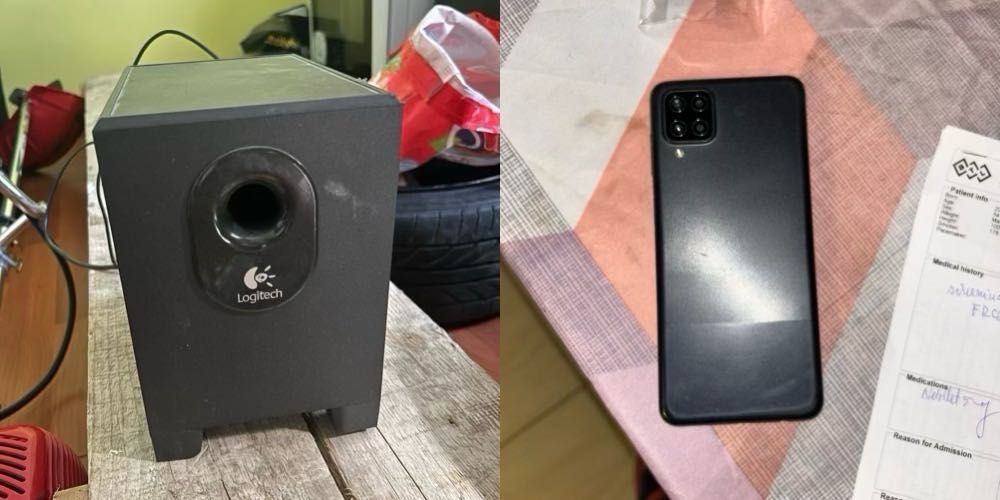 sistem audio Subwoofer Logitech și telefon Samsung Galaxy M33