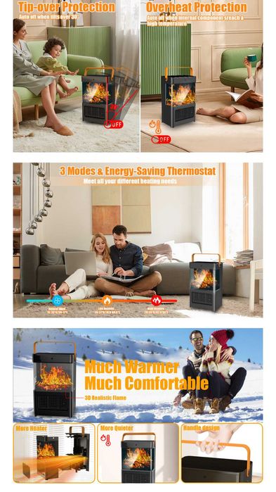 Анимирана камина 3D с керамичен нагревател с вентилатор 2200W Клас А