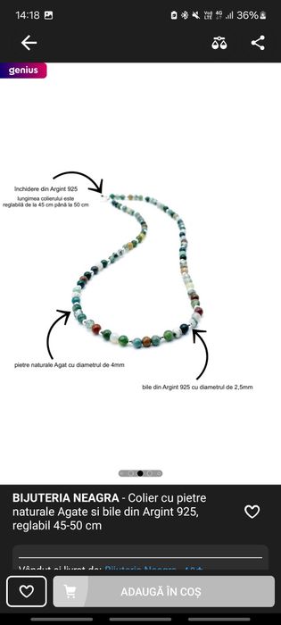 Lănțișor cu pietre agate și margele din argint sterling 925