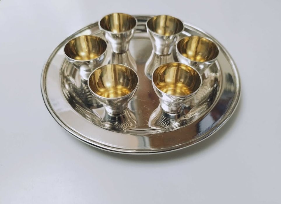 Set 6 Pahare si Tavita de shot Argintate si Aurite Rusia