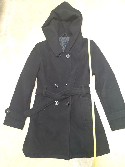 Palton negru elegant, cu cordon, M, de damă