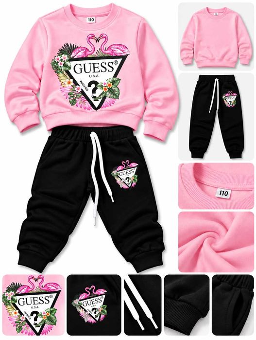 Детски комплект с щампа GUESS в розово, блуза и долнище с лека вата, за момиче 1-6 години