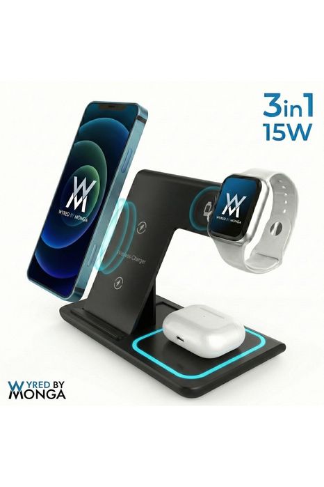 Statie Incarcare Wireless 3-in-1 Pliabila Wyred by Monga Qi 15W Negru