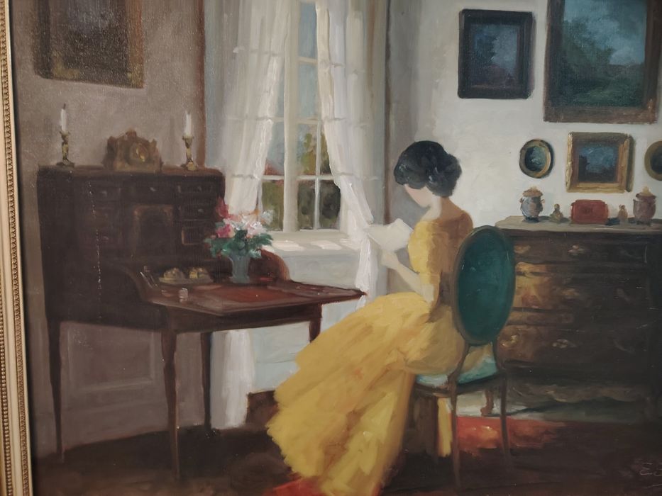 Ulei pe pânză "Femeie la fereastră" realizată de artista daneză Edith Gert (1906–1983)