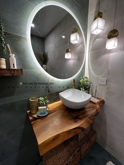 Дървен плот за баня | Плот за умивалник от естествено дърво