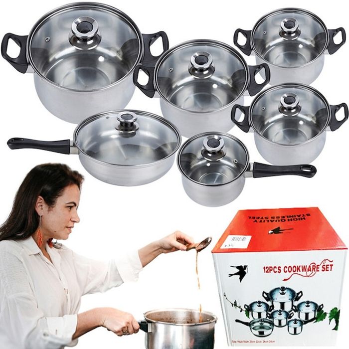 Комплект готварски съдове от инокс 12 части: 5 тенджери, тиган и стъкл