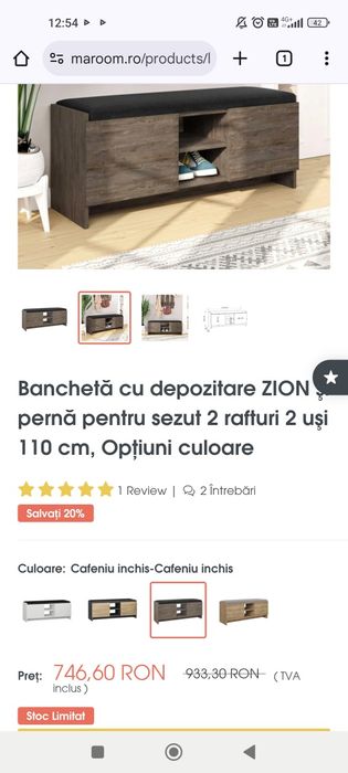 Banchetă/Pantofar/Dulap cu depozitare şi pernă pentru sezut 2 rafturi