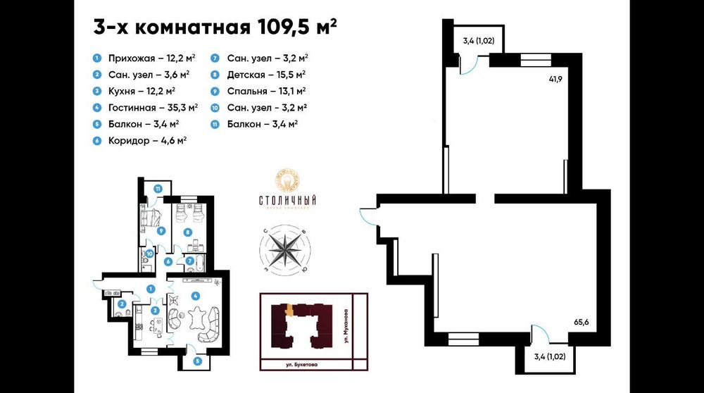 2-комнатная квартира, 75,3 м²