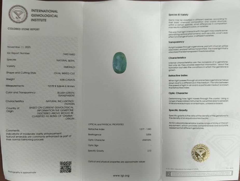 Vând Smarald Natural 4.98 ct Zambia  Piatră Prețioasă