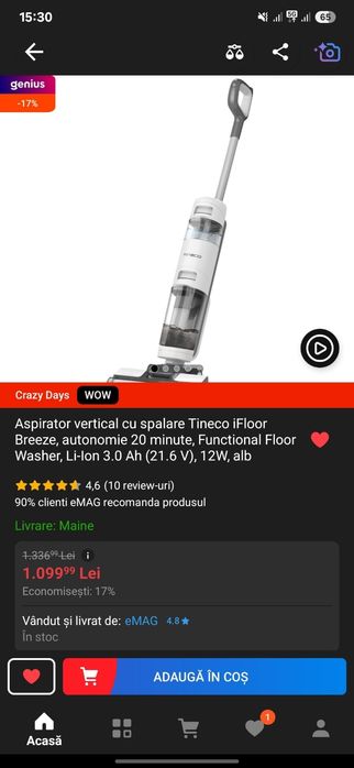 Aspirator vertical cu spalare Tineco