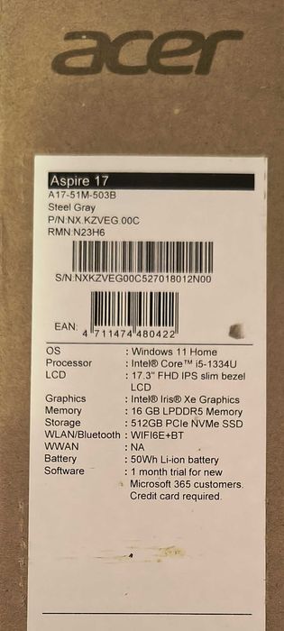 LAPTOP ACER Aspire (2025), 17.3 inch, FHD, i5-1334U, 16+512 GB, Windows 11, nou
