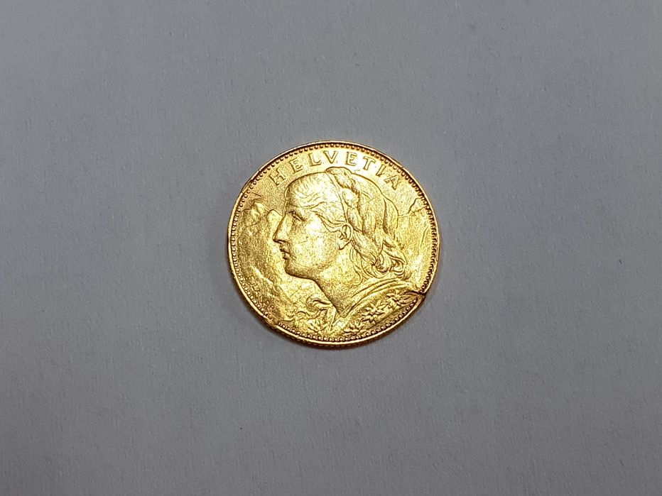 Monedă din aur  de 21,6k 10 Franci Elvețieni Vreneli – 1922