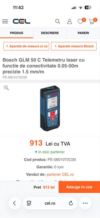 Vând telemetru laser Bosch GLM 50 Professional, ideal pentru măsurători rapide și precise în construcții, amenajări sau uz casnic.