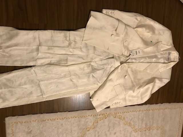 zara costum alb in double breasted straight pantalon shimmer lucios nou S/XS  oyster ecru