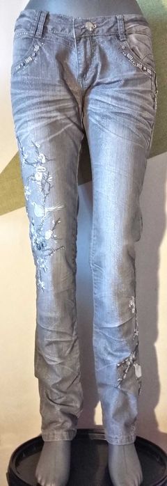 Super Glam Jeans Blugi unicat gri argintiu cu tinte strasuri broderii