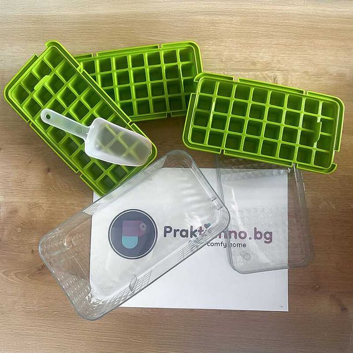 Комплект от 3 форми за лед и кутия за съхранение, 96 кубчета, зелен