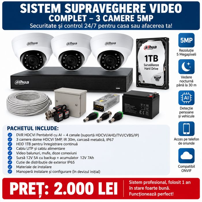Sistem supraveghere video profesional – 3 camere 5MP, DVR AI, HDD 1TB