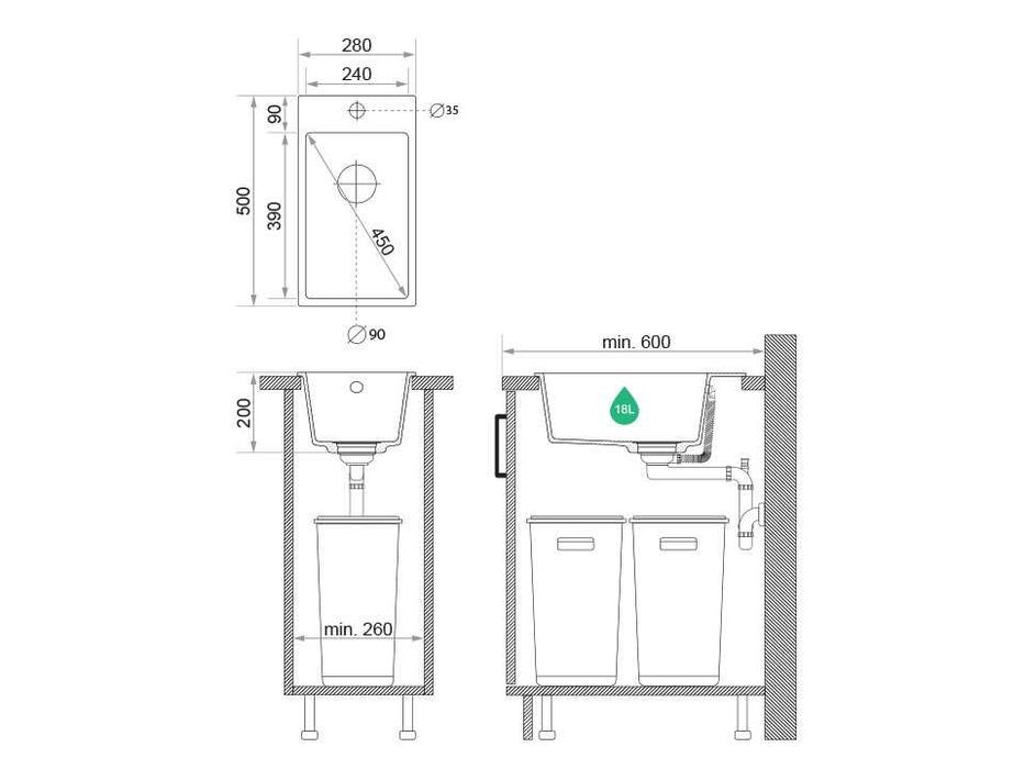 Сива кухненска гранитна мивка Рига 30 XL 280 x 500 mm