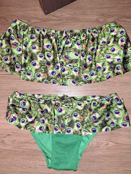 Costum de baie bustiera volane imprimeu paun