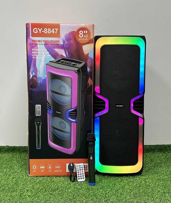 Активна Караоке Тонколона 2х8 инча с Безжичен Микрофон и RGB светлини