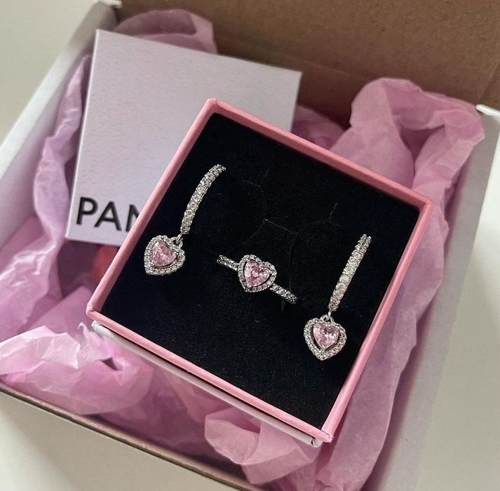 Set Pandora argint 925 inima roz rose gold cercei colier inel cutie