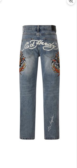 Ed Hardy men’s hell-cats tattoo graphic denim trousers jeans - bleach
