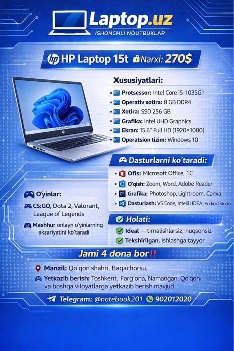 Hp laptop 15s. SSD 256gb RAM 8gb DDR4