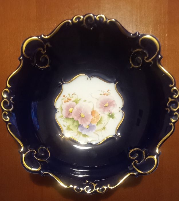 Farfurie mare  decorativa Porfin, portelan, cobalt, aurit