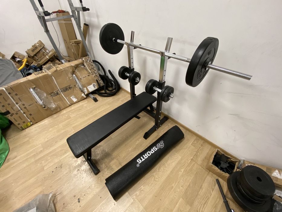 Set sala Banca piept+haltera gantere cu bari otel crom si piulite, noi