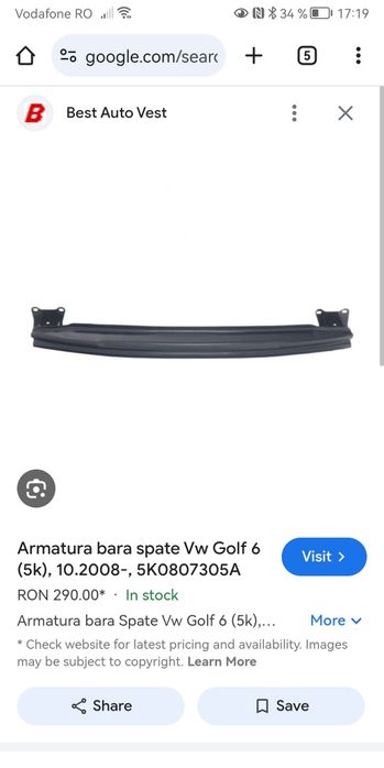Armatura bara spate și bara spate volkswagen golf 6 hatchback original