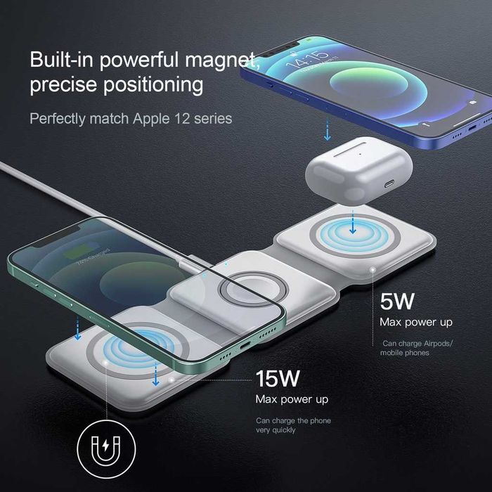Turbocharged Wireless Charger - Магнитно сгъваемо безжично зарядно устройство 3 в 1, бяло