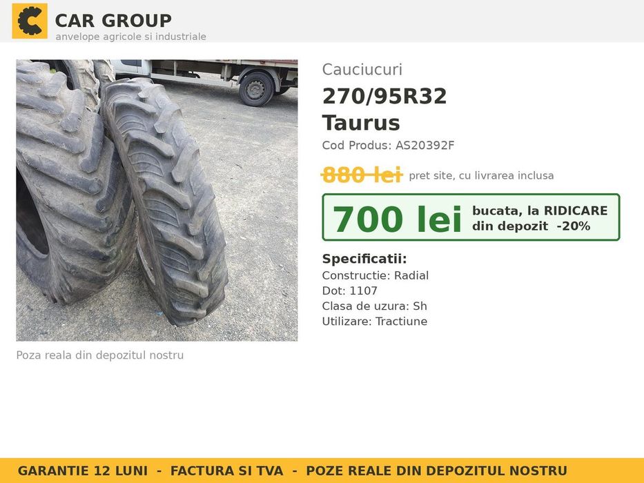 Cauciucuri Anvelope 270/95R32 270/95 R32 270/95-32 11.2R32 2709532 Taurus Prasitoare Tractor Roti Inguste Utilaje Agricole SH Second Hand LIVRARE